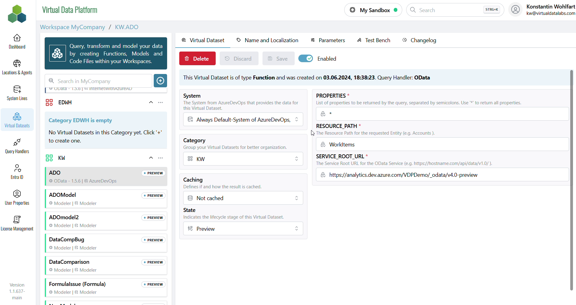 A Virtual Dataset's definition in the Portal — system, category, caching and query properties beside the workspace tree.